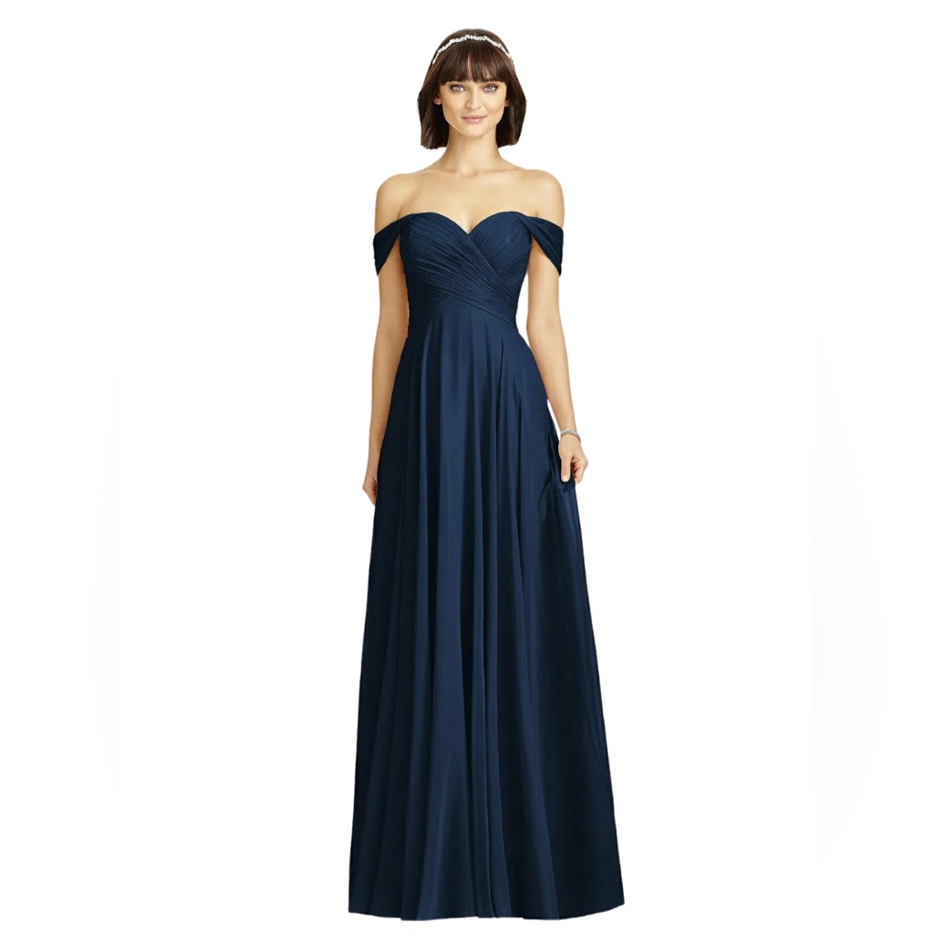 Dessy Collection Midnight Navy Off-The-Shoulder Draped Chiffon Maxi Dress-Size 6